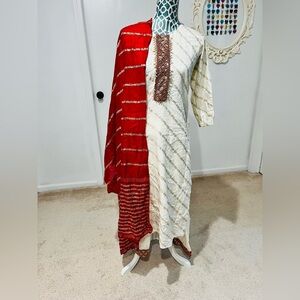 Elegant Red & Cream Women's Embroidered Dress with Dupatta